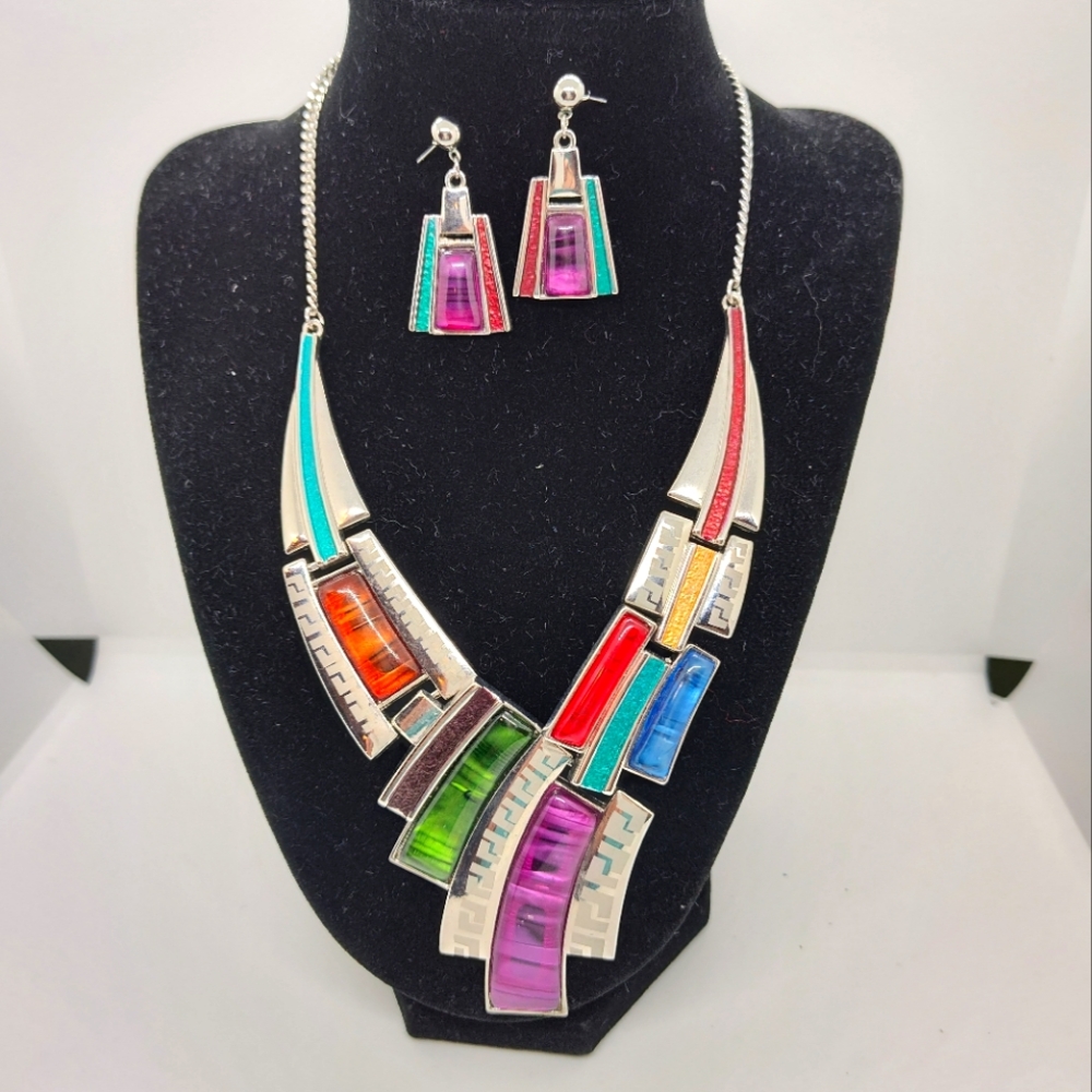 Enamel and acrylic necklace and earring set